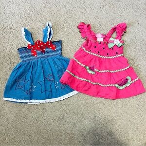 (2) Goodlad Smocked Summer Dresses Pink Watermelon & Blue Stars Girls Sz 12M